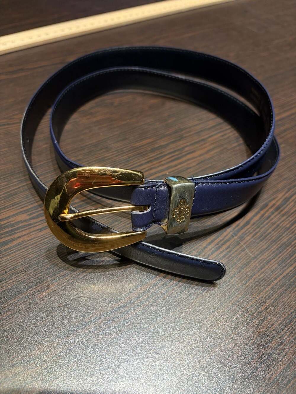 Liz Claiborne Leather Belt Size 20-22 Blue Gold Buckle